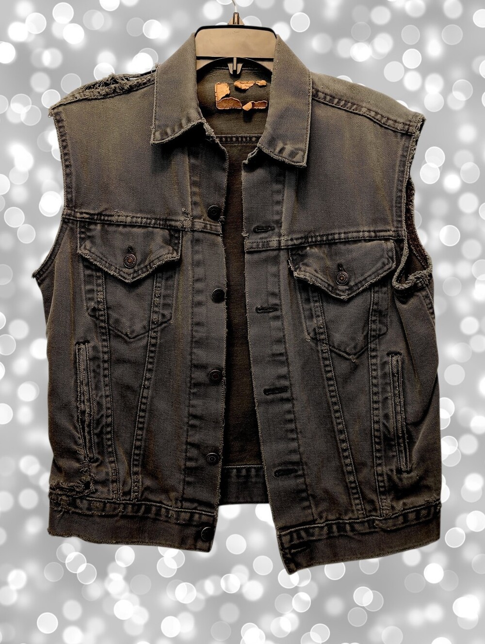 RARE Vintage Levi’s Black Denim Vest Destroyed Fade Goth Trucker Made In USA